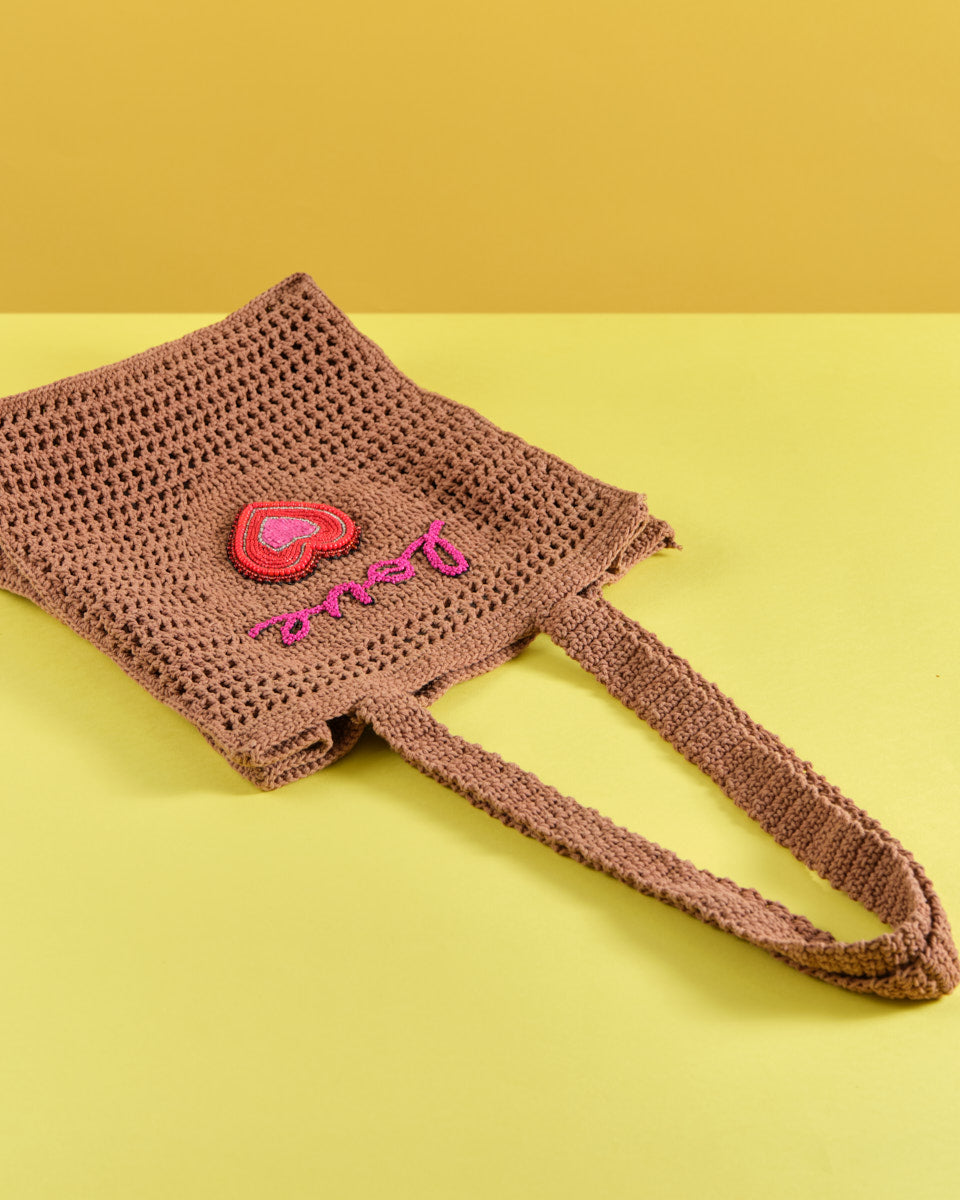 Cotton Crochet Bag (Love on Dark Brown)