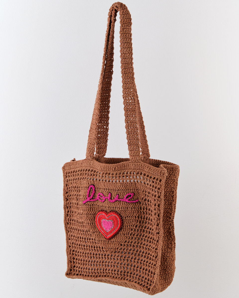 Cotton Crochet Bag (Love on Dark Brown)