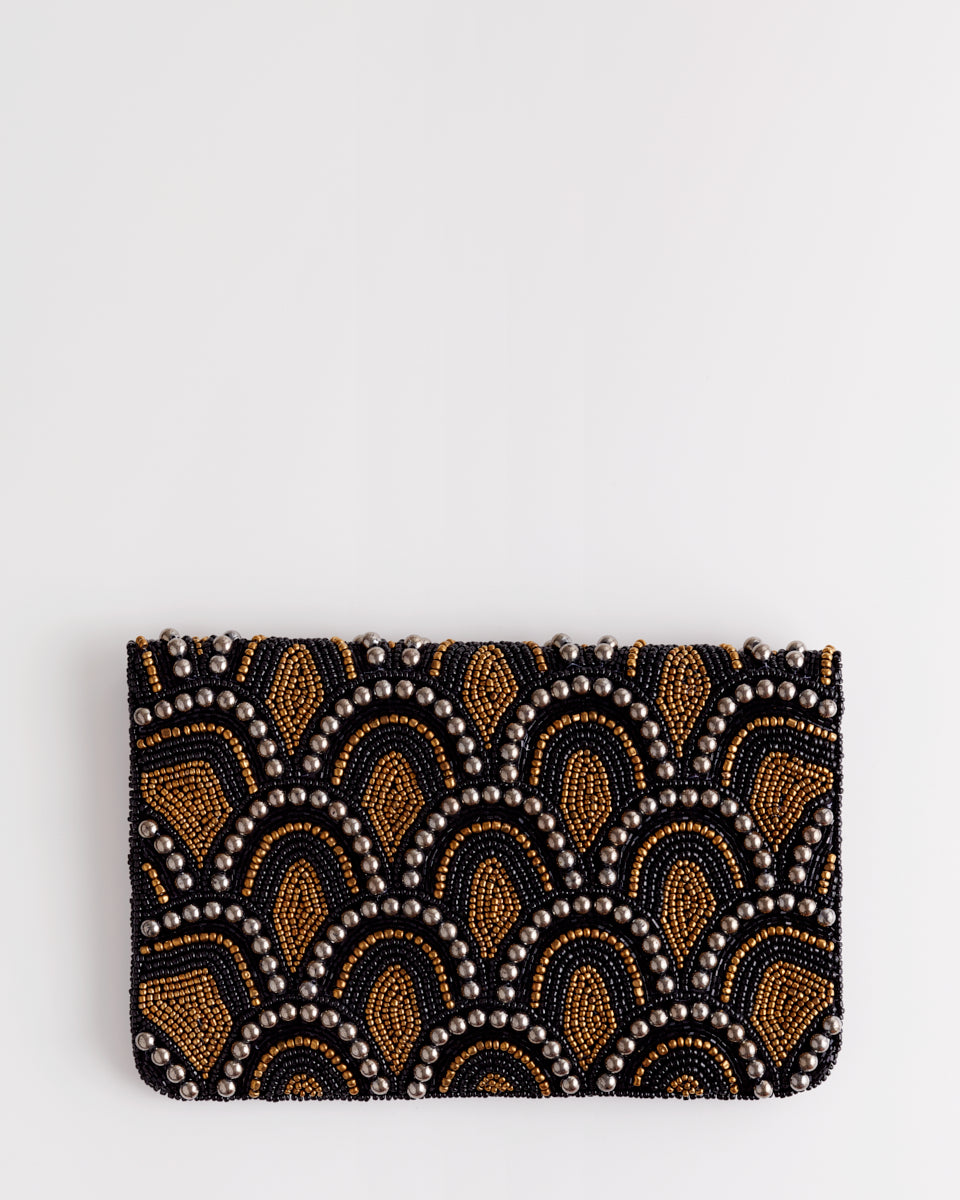 Handbeaded Clutch (Gold and Black Scalloped Wall)