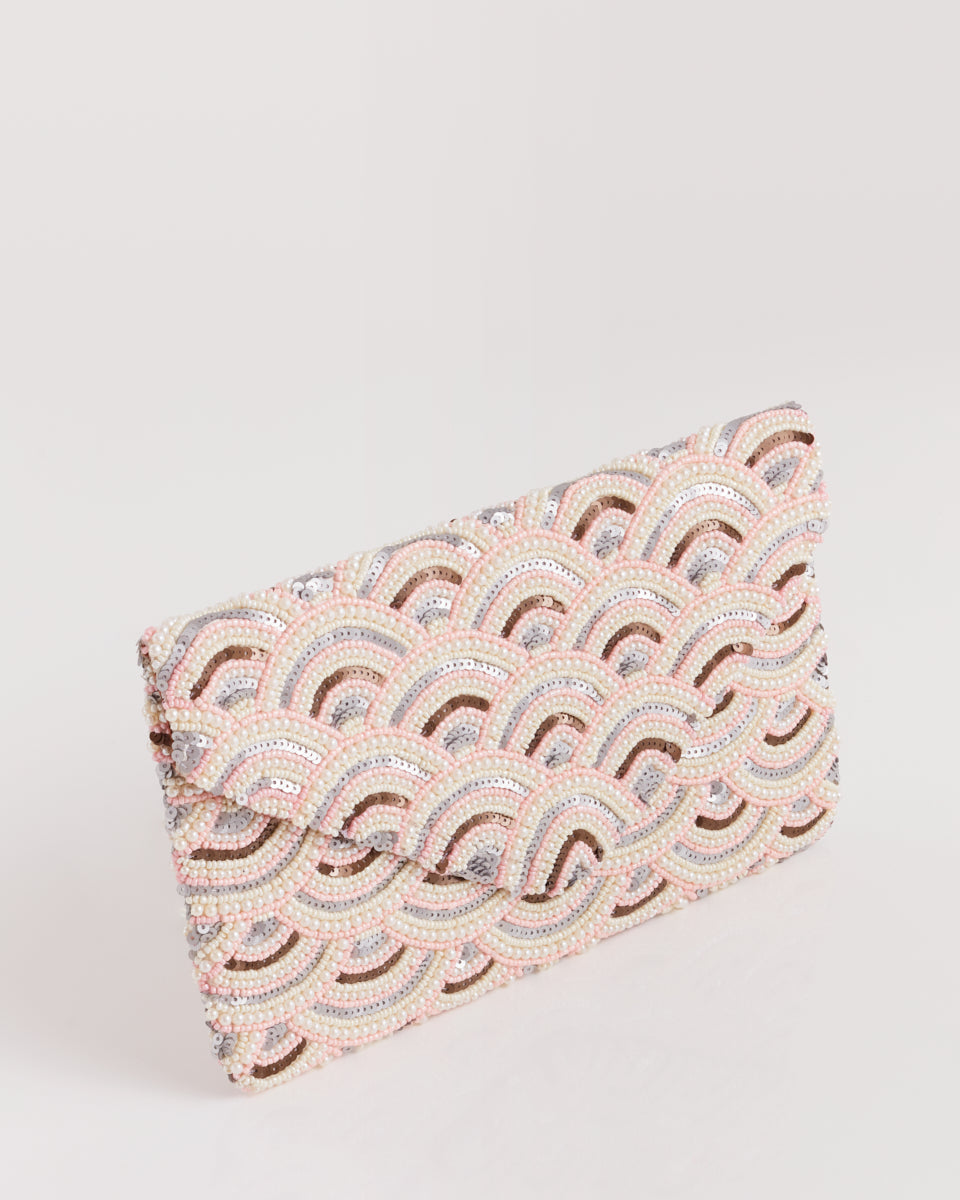 Handbeaded Clutch (Pastel Pink and Silver Waves)