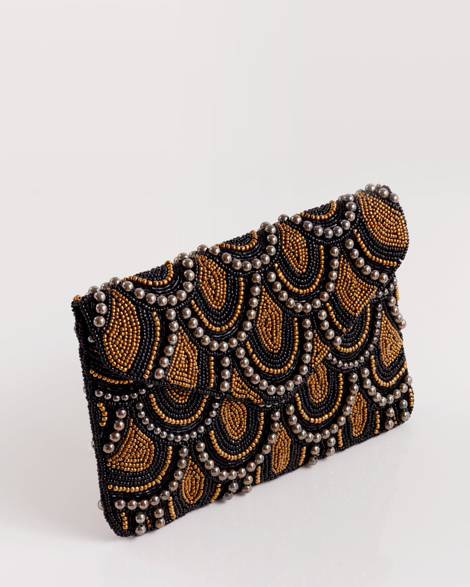 Handbeaded Clutch (Gold and Black Scalloped Wall)