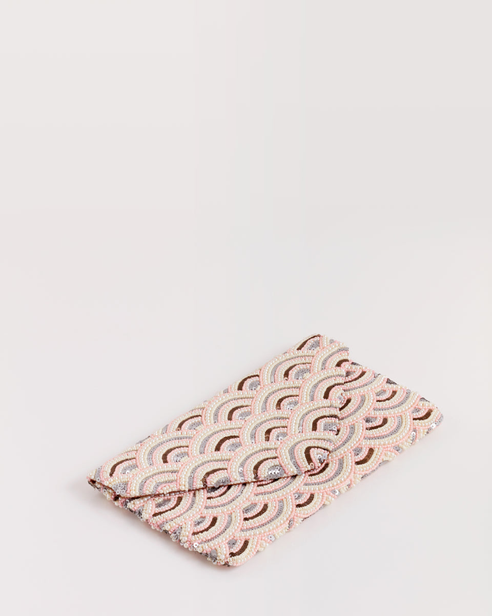 Handbeaded Clutch (Pastel Pink and Silver Waves)