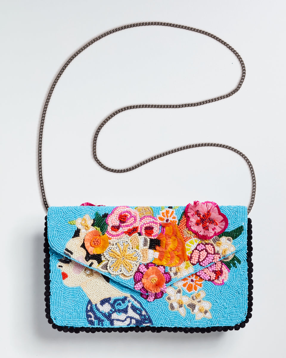 Handbeaded Clutch (Pastel Foliage Girl On Blue)