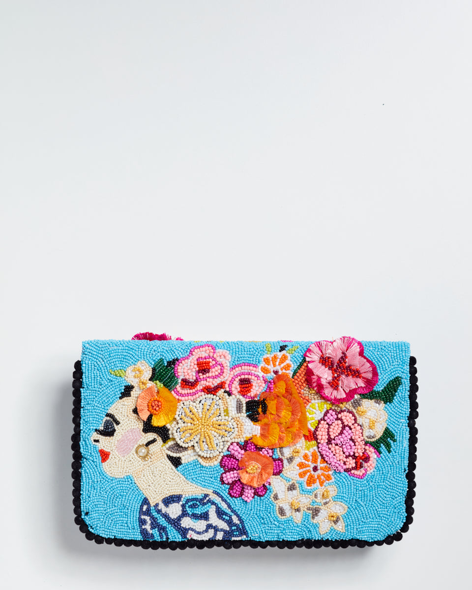 Handbeaded Clutch (Pastel Foliage Girl On Blue)