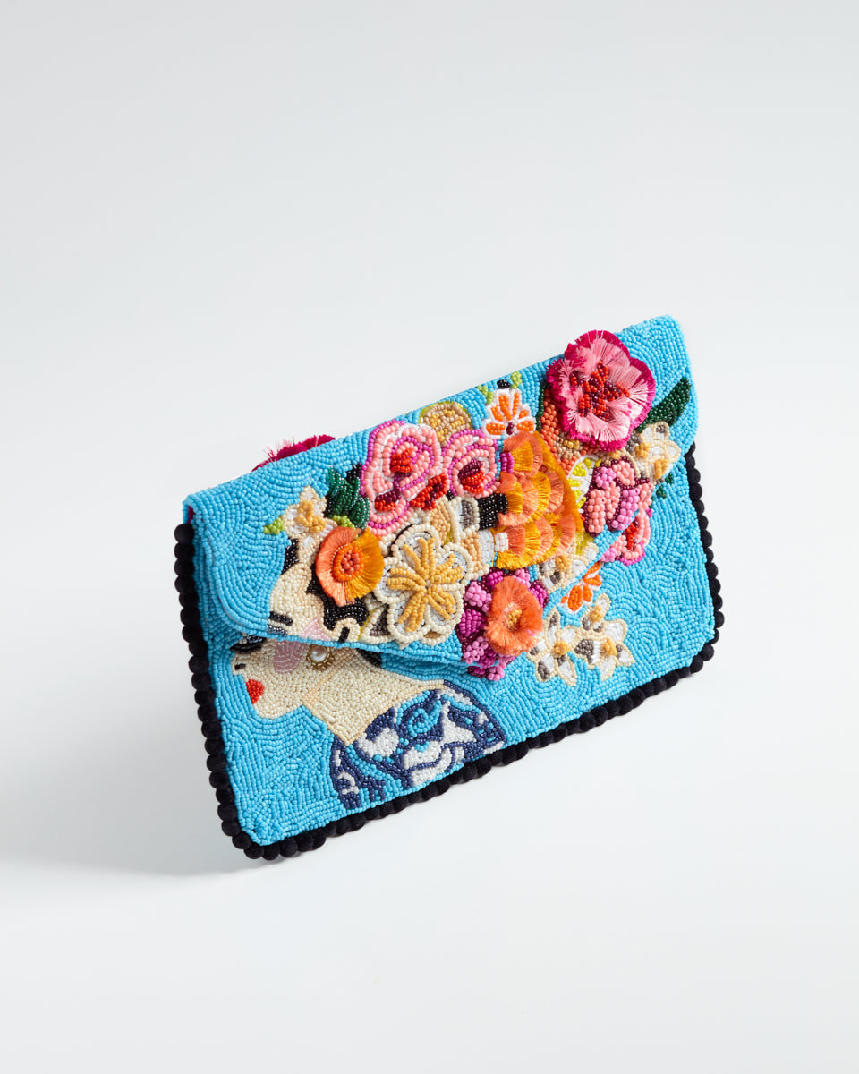 Handbeaded Clutch (Pastel Foliage Girl On Blue)