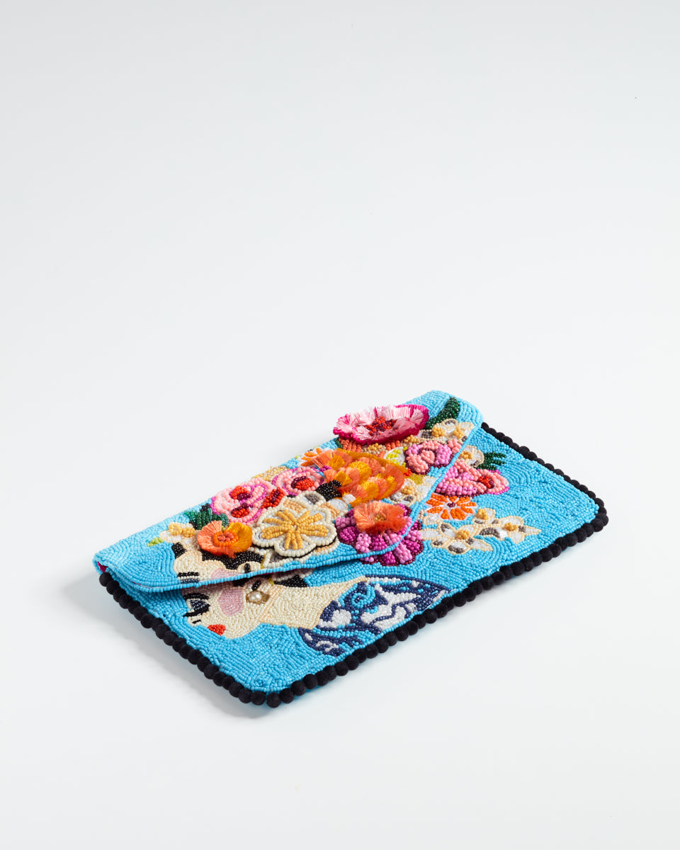 Handbeaded Clutch (Pastel Foliage Girl On Blue)