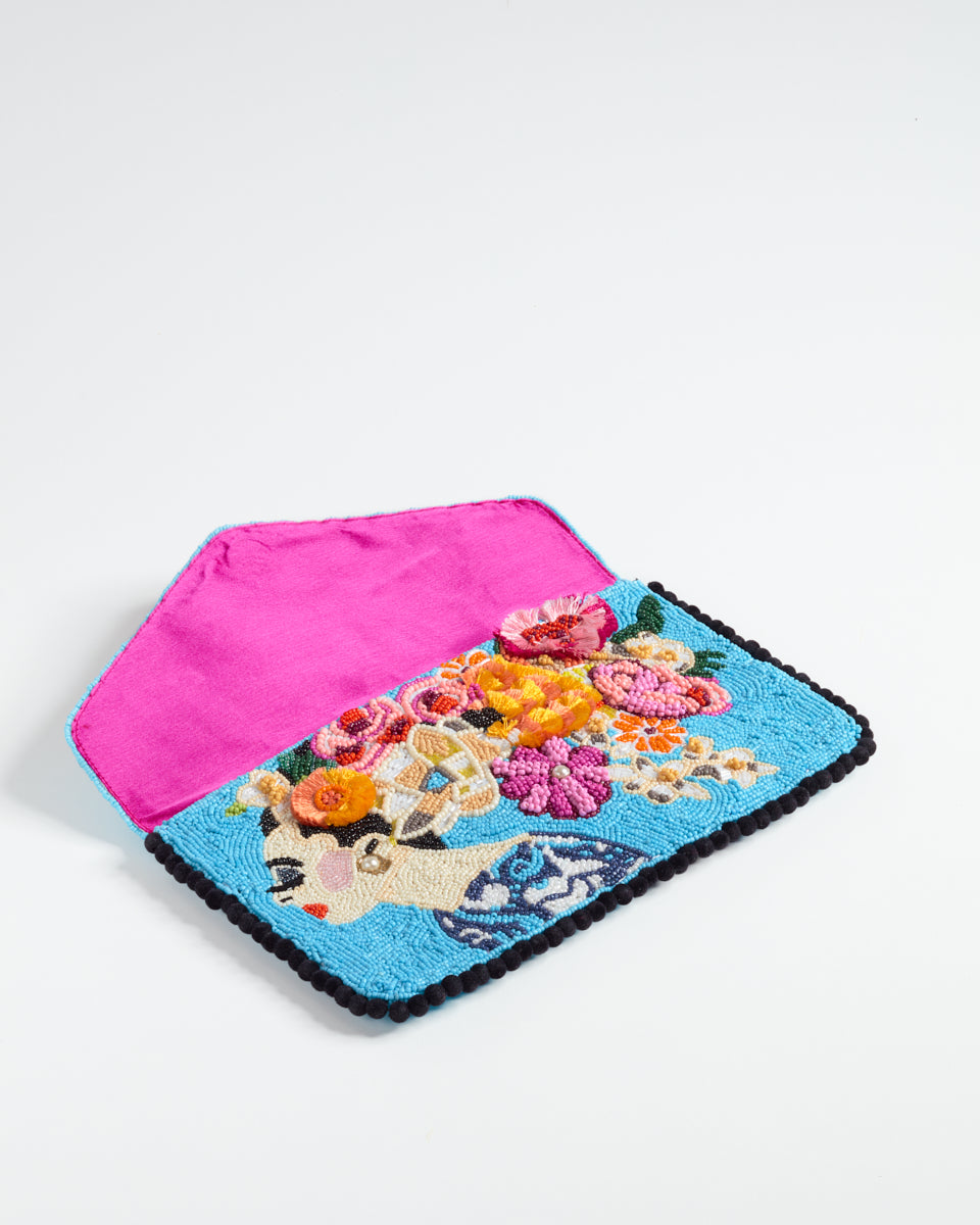 Handbeaded Clutch (Pastel Foliage Girl On Blue)